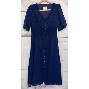 Sail to Sable Size SM Midi Dress Navy Blue With Gold Buttons Short Sleeves
